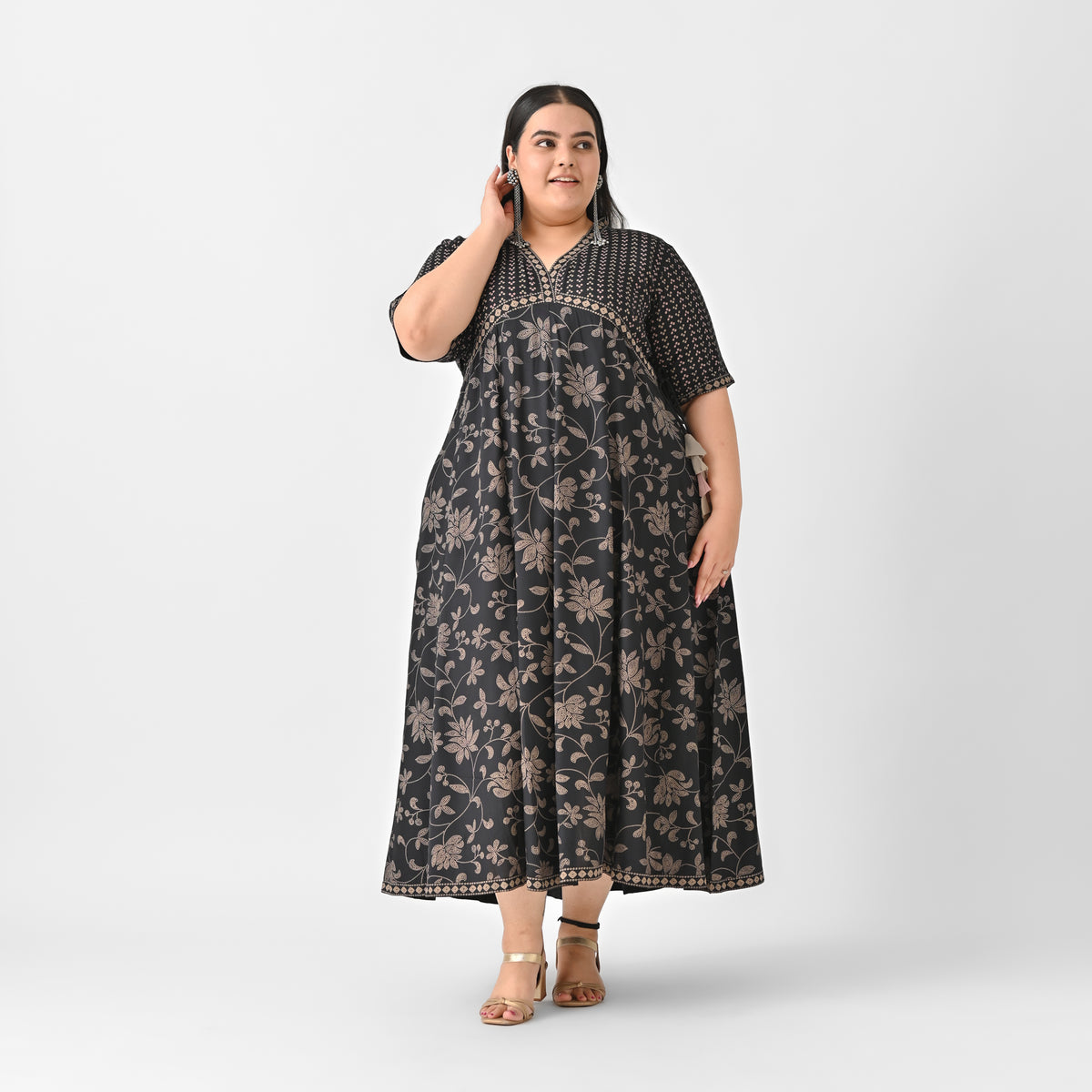 Black Bandhani Inspired Floral Dress - SOM