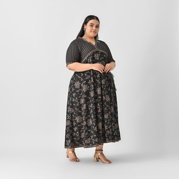Black Bandhani Inspired Floral Dress - SOM