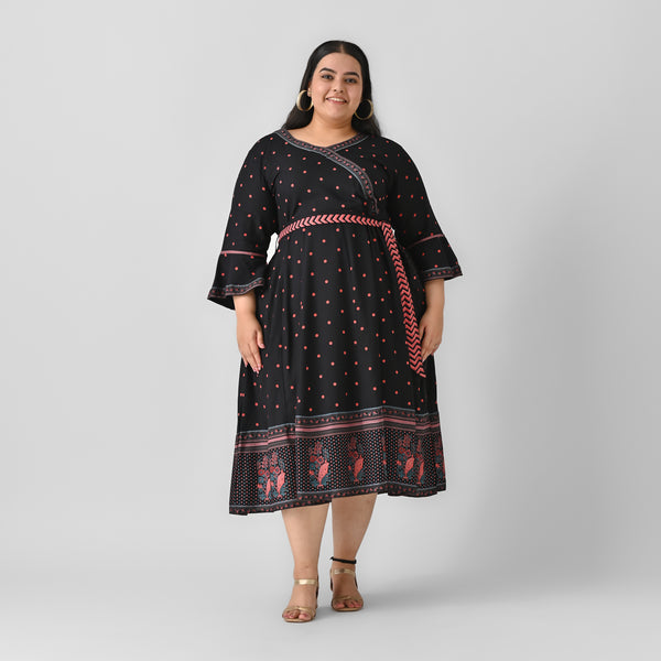 Black Angrakha Flared Dress with Knot Details - SOM