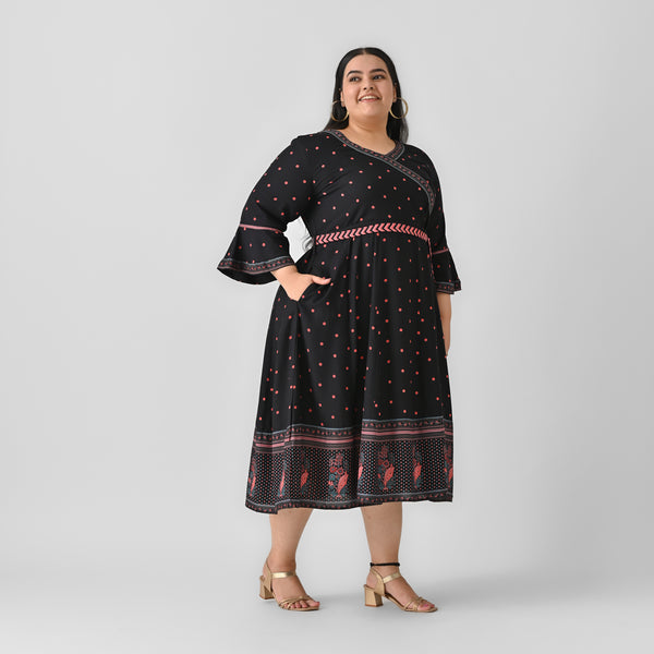 Black Angrakha Flared Dress with Knot Details - SOM