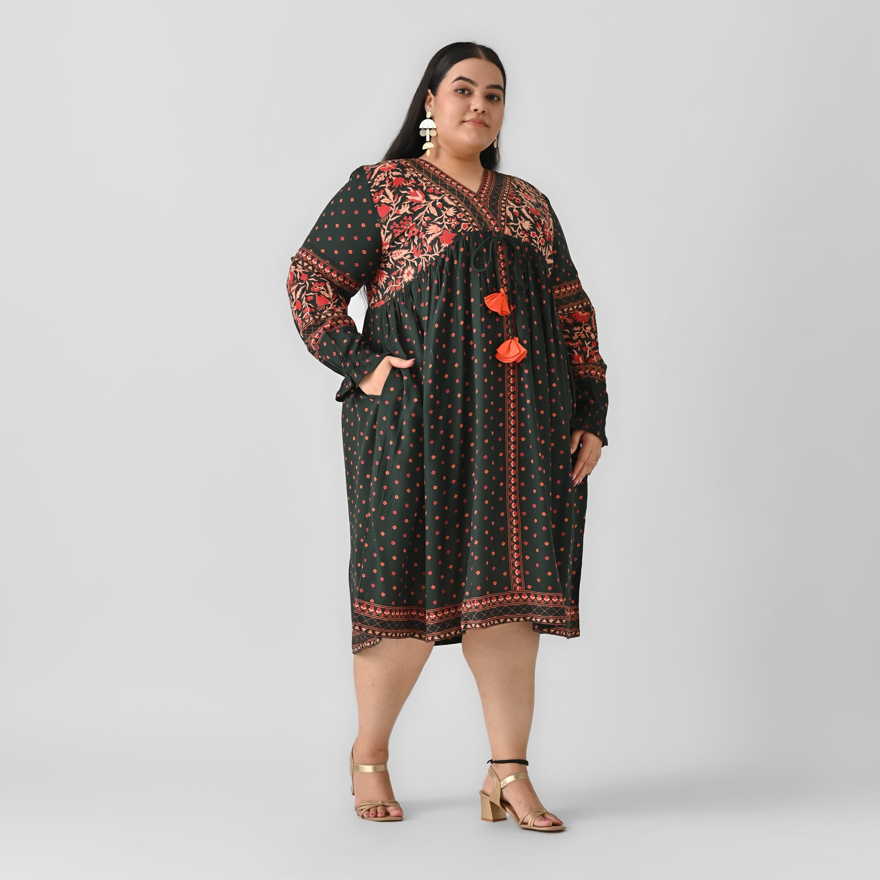 Emerald Green Printed V Neck Dress - SOM