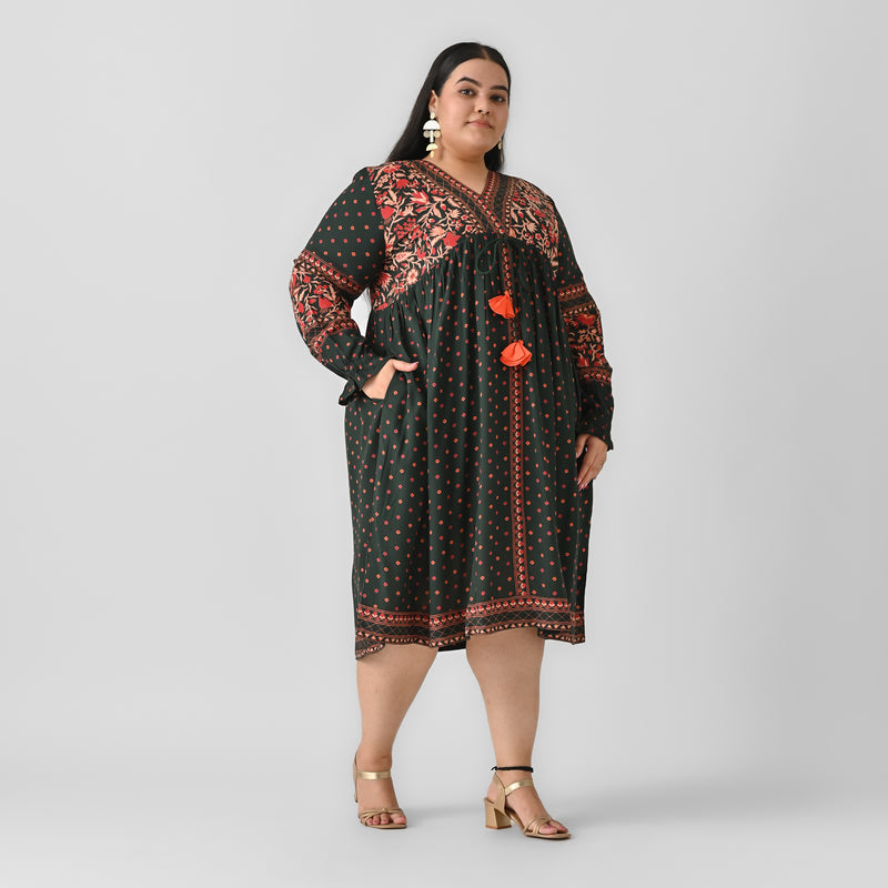 Emerald Green Printed V Neck Dress - SOM