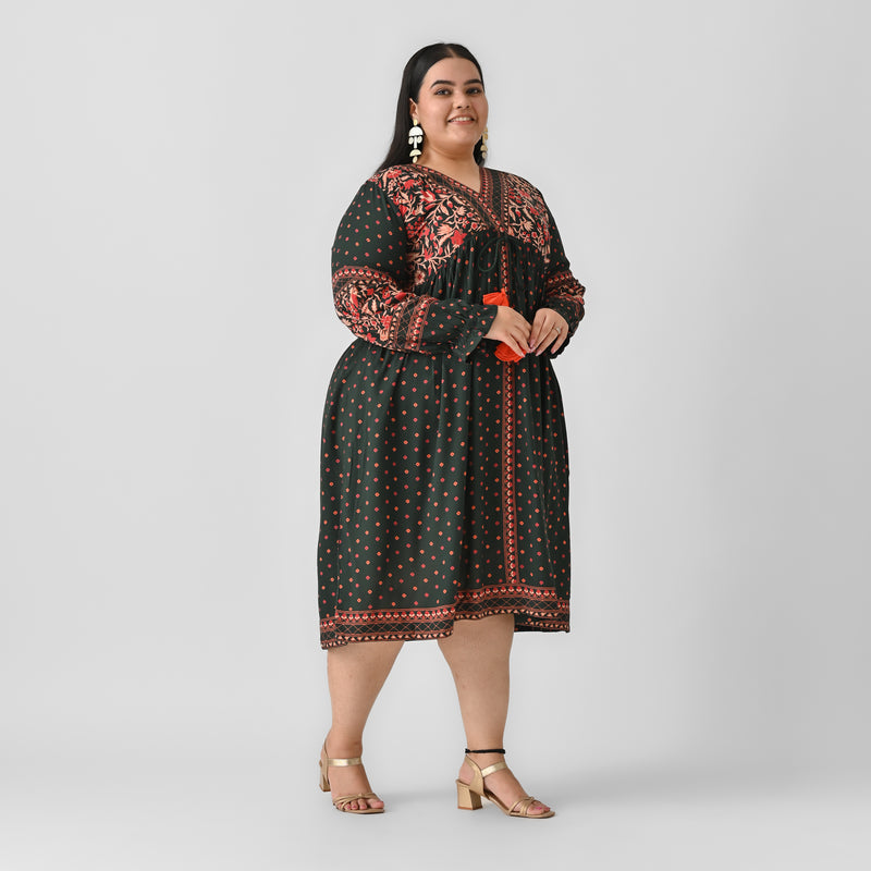 Emerald Green Printed V Neck Dress - SOM