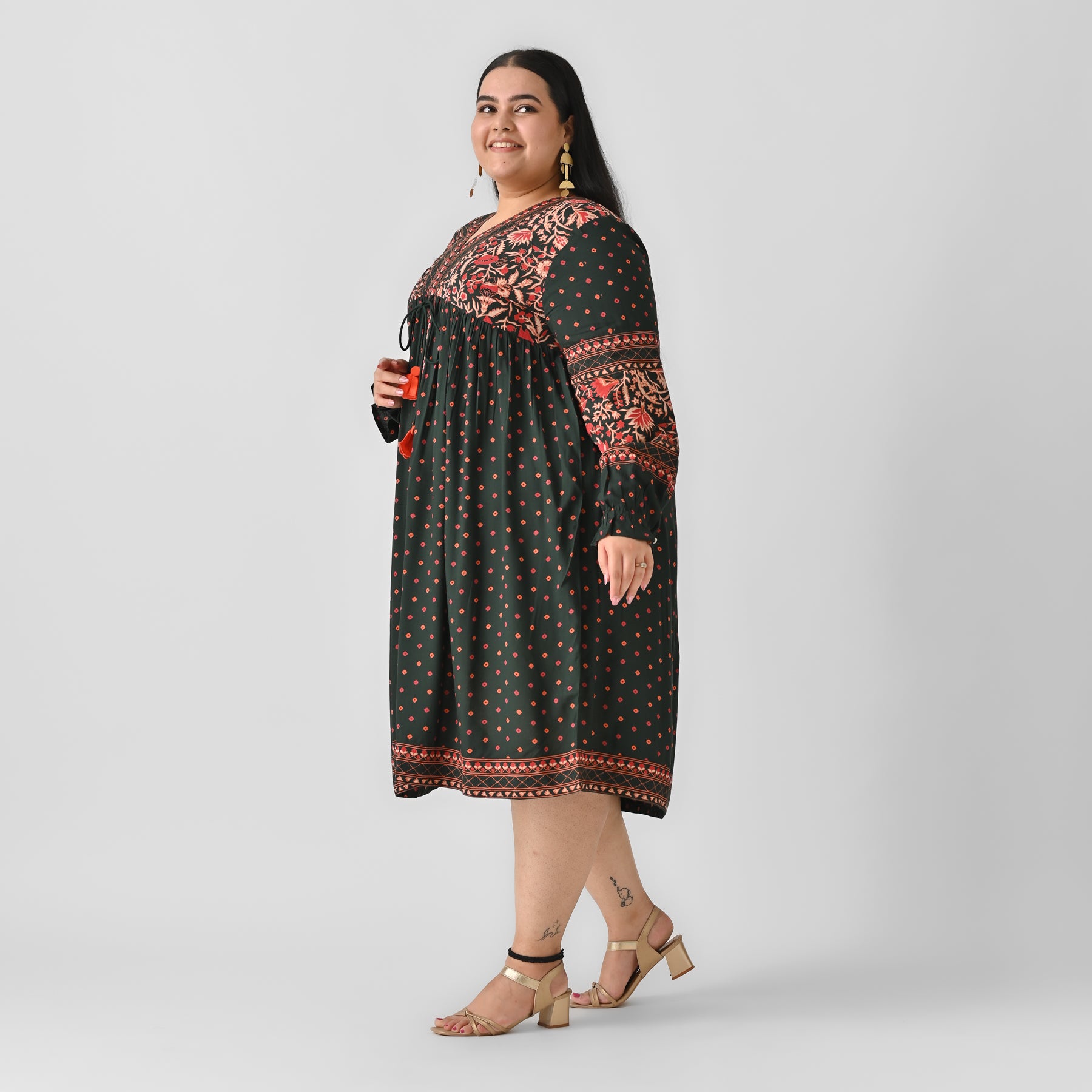 Emerald Green Printed V Neck Dress - SOM