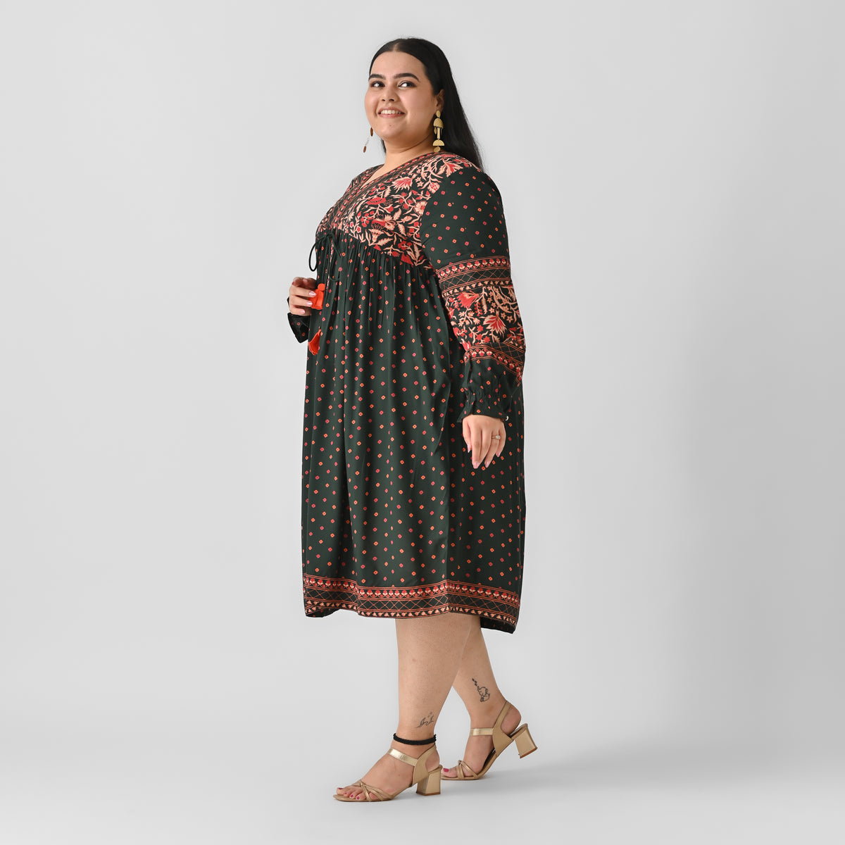 Emerald Green Printed V Neck Dress - SOM