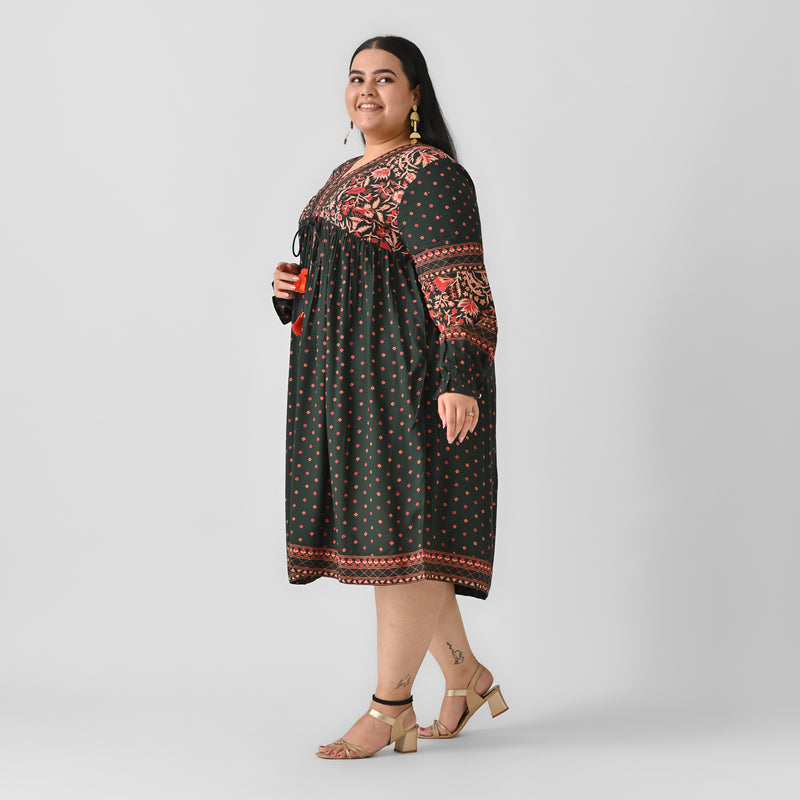 Emerald Green Printed V Neck Dress - SOM