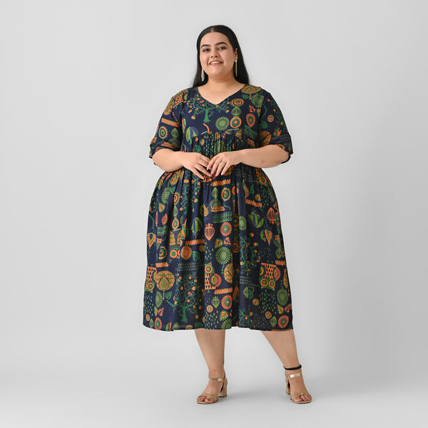Indigo Abstract Print Flared Dress - SOM