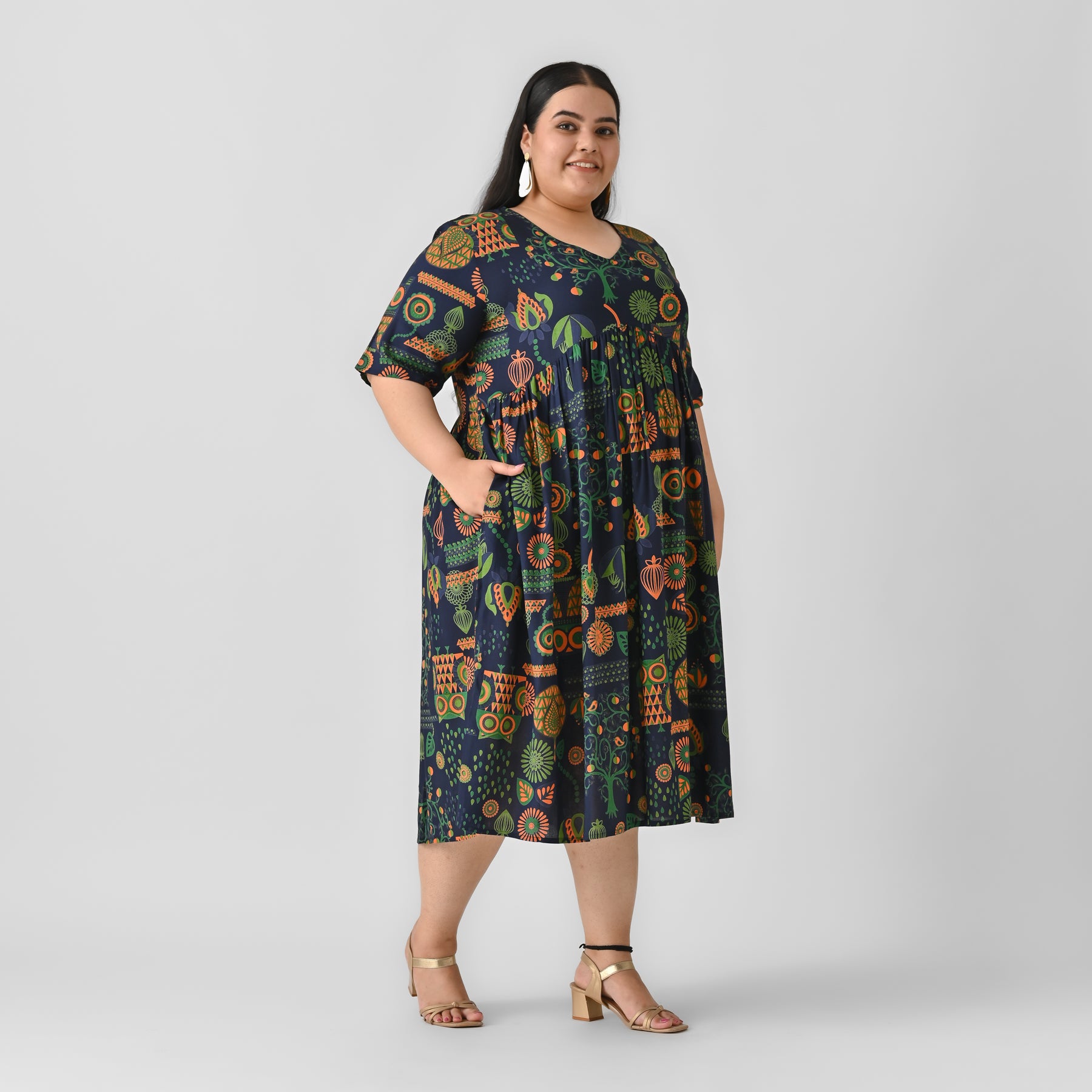 Indigo Abstract Print Flared Dress - SOM