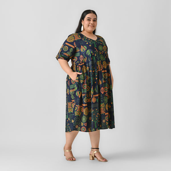 Indigo Abstract Print Flared Dress - SOM