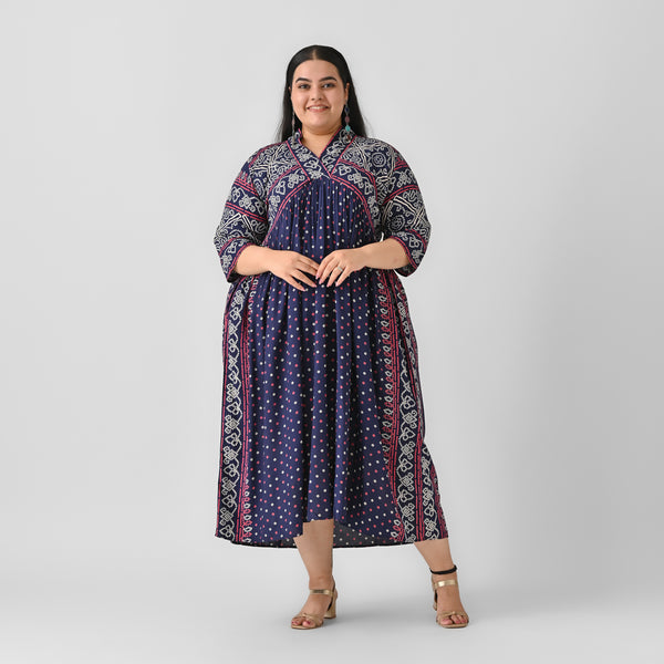 Indigo Bandhani V Neck Gathered Dress - SOM