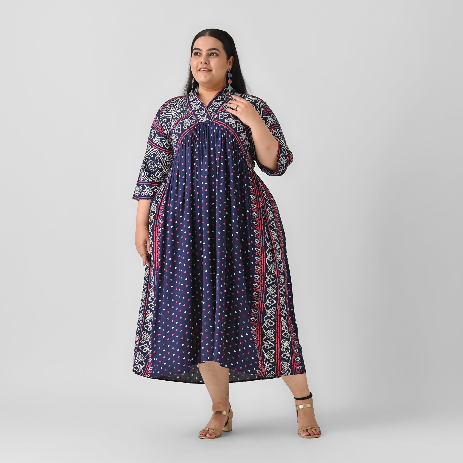 Indigo Bandhani V Neck Gathered Dress - SOM