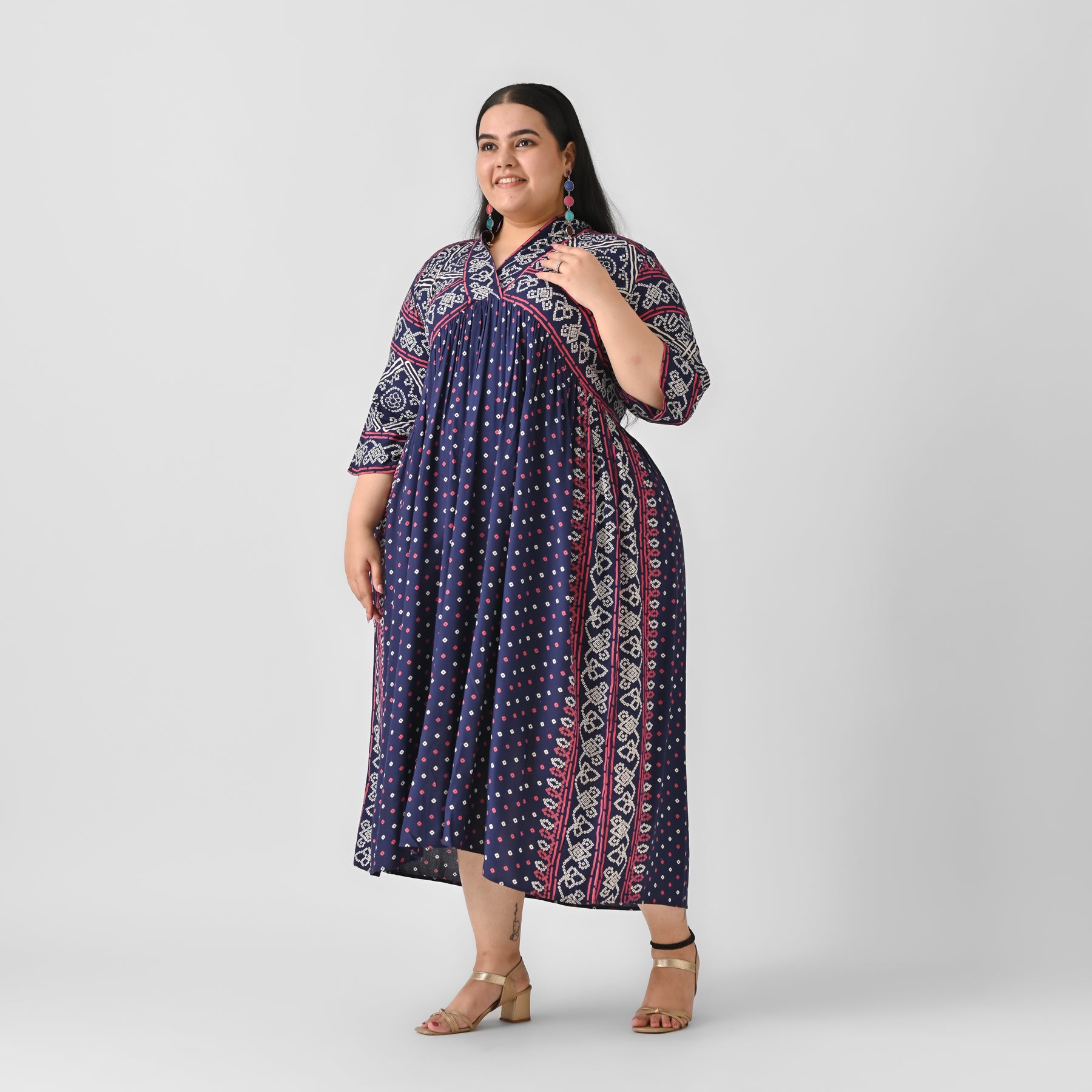 Indigo Bandhani V Neck Gathered Dress - SOM