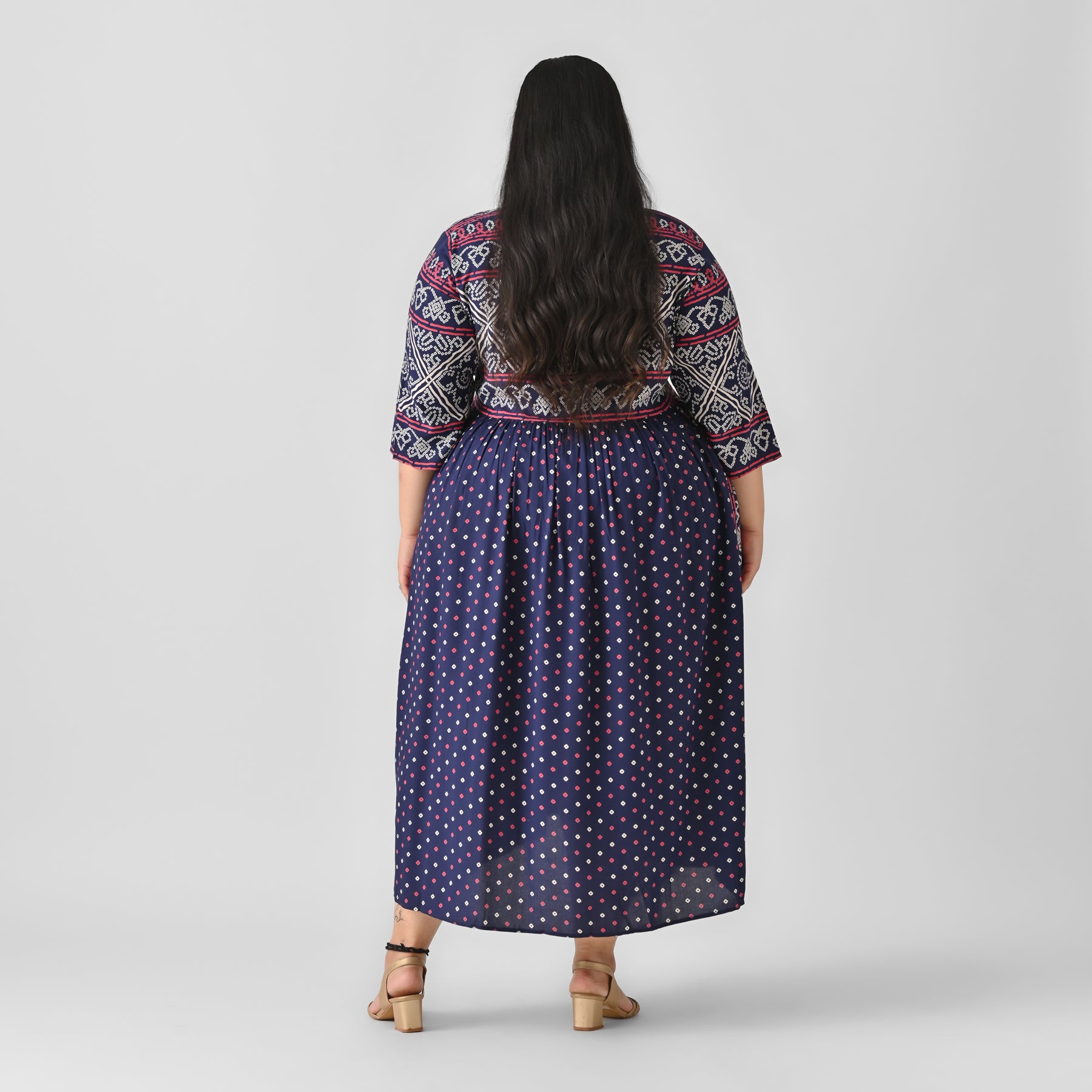 Indigo Bandhani V Neck Gathered Dress - SOM