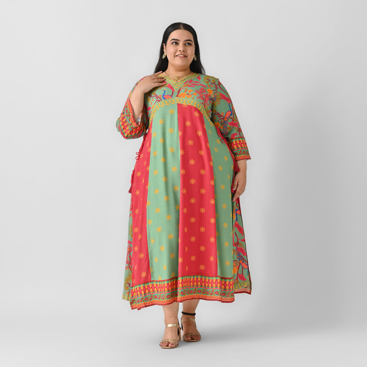Turquoise & Maroon V Neck Flared Dress - SOM