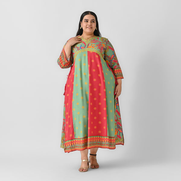 Turquoise & Maroon V Neck Flared Dress - SOM