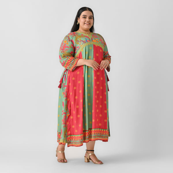 Turquoise & Maroon V Neck Flared Dress - SOM