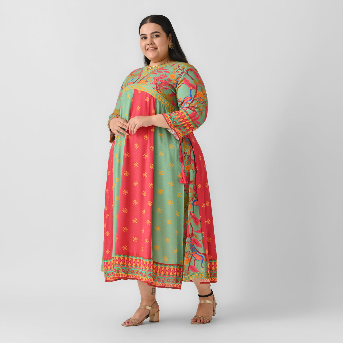 Turquoise & Maroon V Neck Flared Dress - SOM