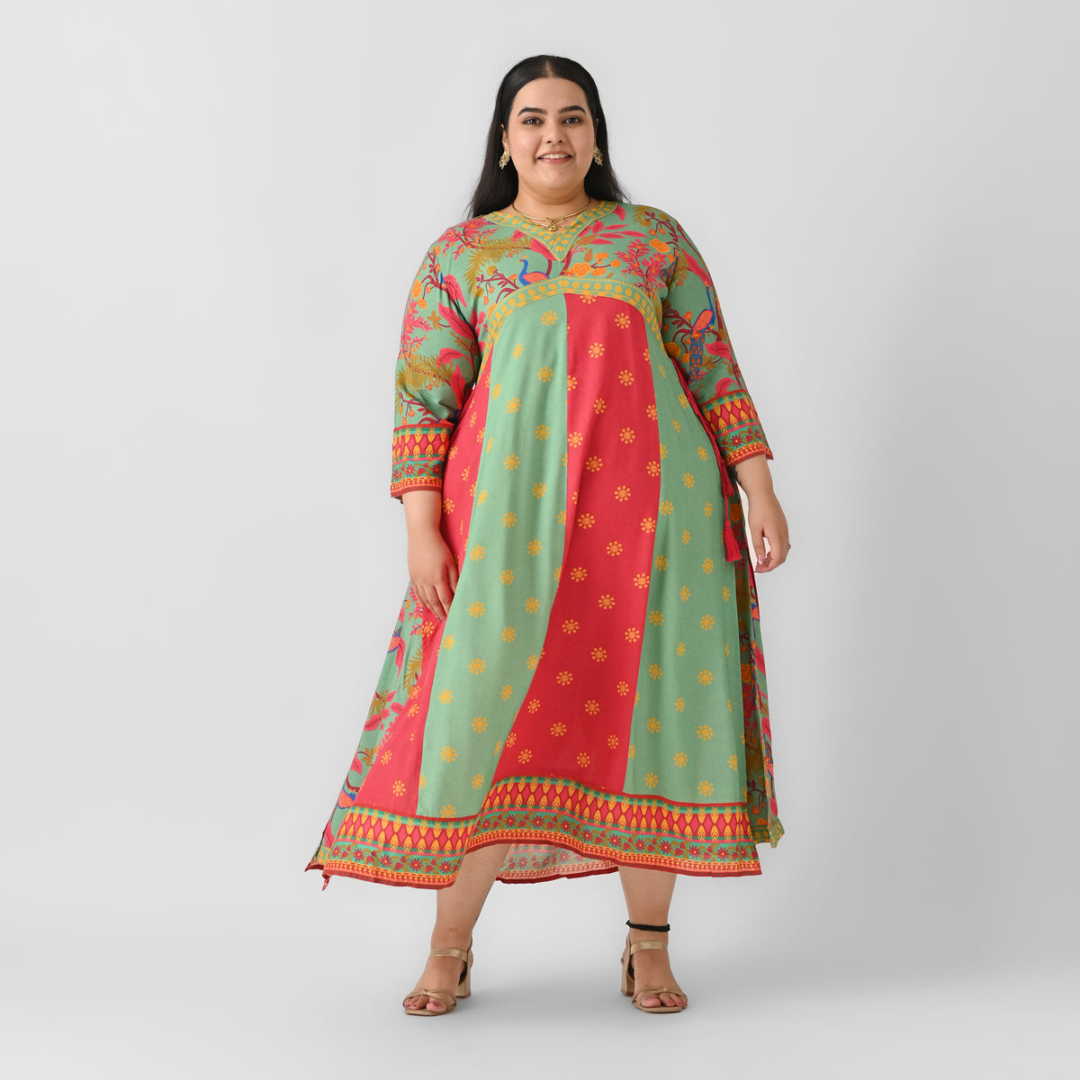 Turquoise & Maroon V Neck Flared Dress - SOM