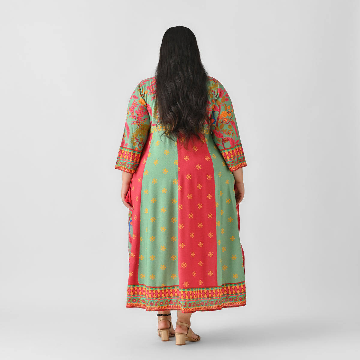 Turquoise & Maroon V Neck Flared Dress - SOM
