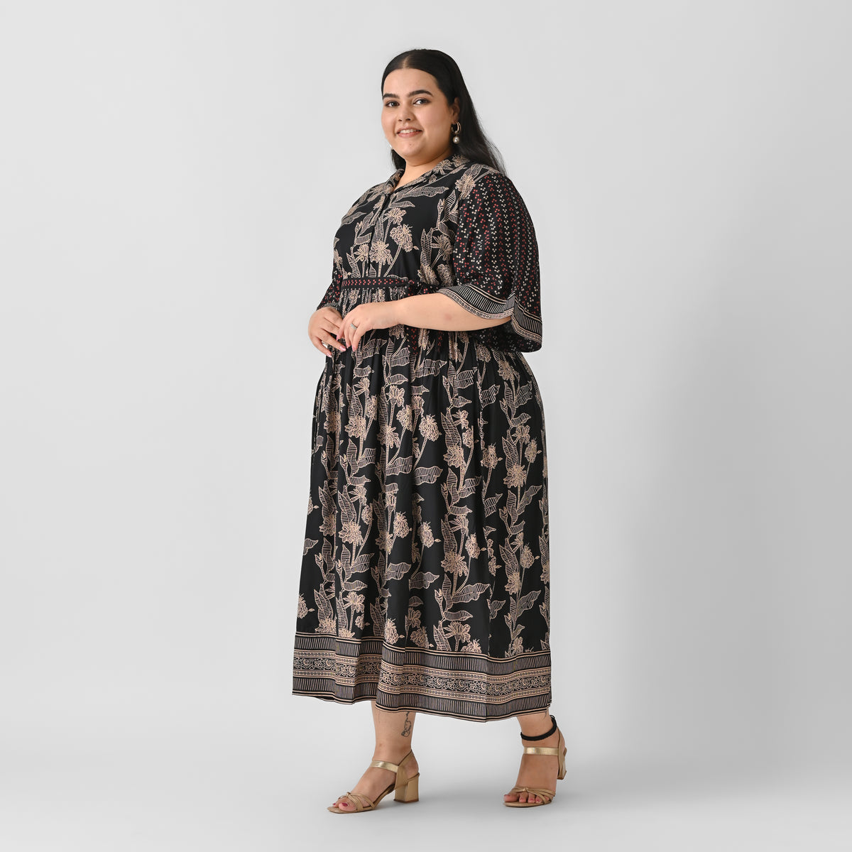 Black Flared Sleeves Dress with Belt Detail & Pockets - SOM