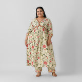 Cream Front Gathered Kurta Pant Set - SOM