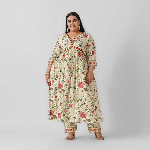 Cream Front Gathered Kurta Pant Set - SOM