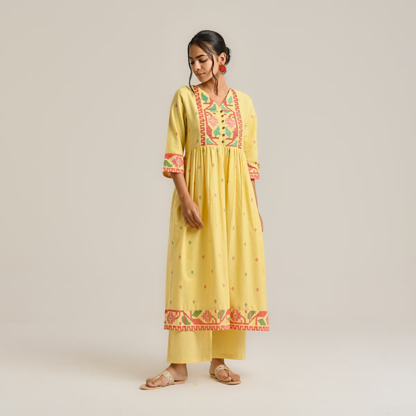Mango Yellow Linen Cotton Jamdani Inspired Kurta Set