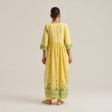 Mango Yellow Linen Cotton Jamdani Printed Kurta with Embroidery