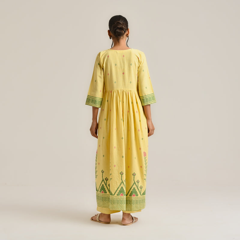 Mango Yellow Linen Cotton Jamdani Printed Kurta with Embroidery