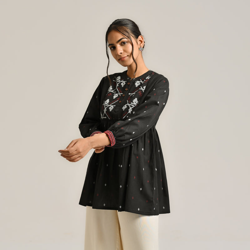 Black Linen Cotton Jamdani Printed Tunic