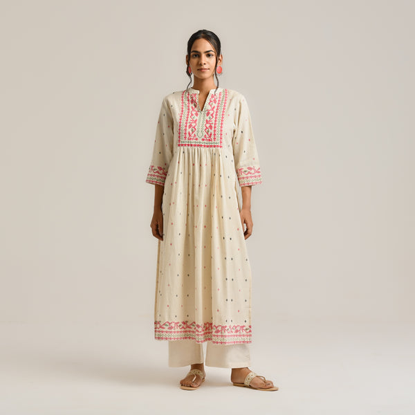 Off White Linen Cotton Jamdani Printed Kurta Set with Side Slit