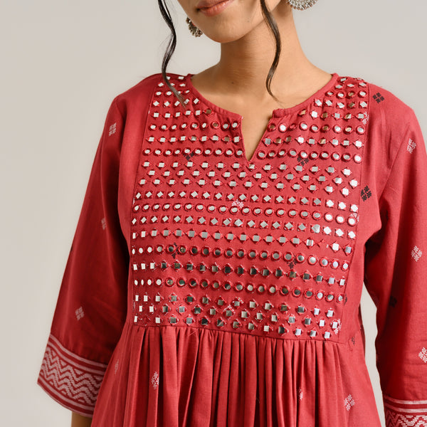 Maroon Linen Cotton Jamdani Printed Kurta with Embroidery