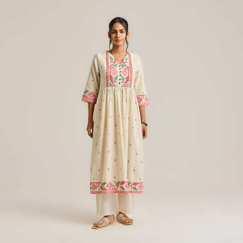Off White Linen Cotton Jamdani Inspired Kurta Set