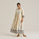 Off White Linen Cotton Jamdani Printed Kurta with Embroidery