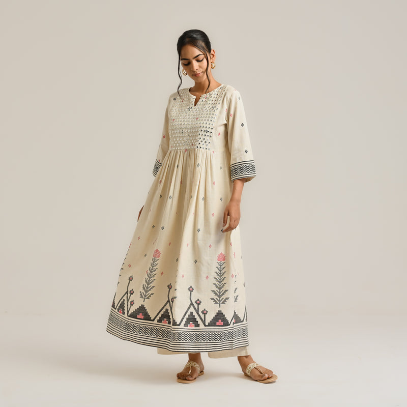 Off White Linen Cotton Jamdani Printed Kurta with Embroidery