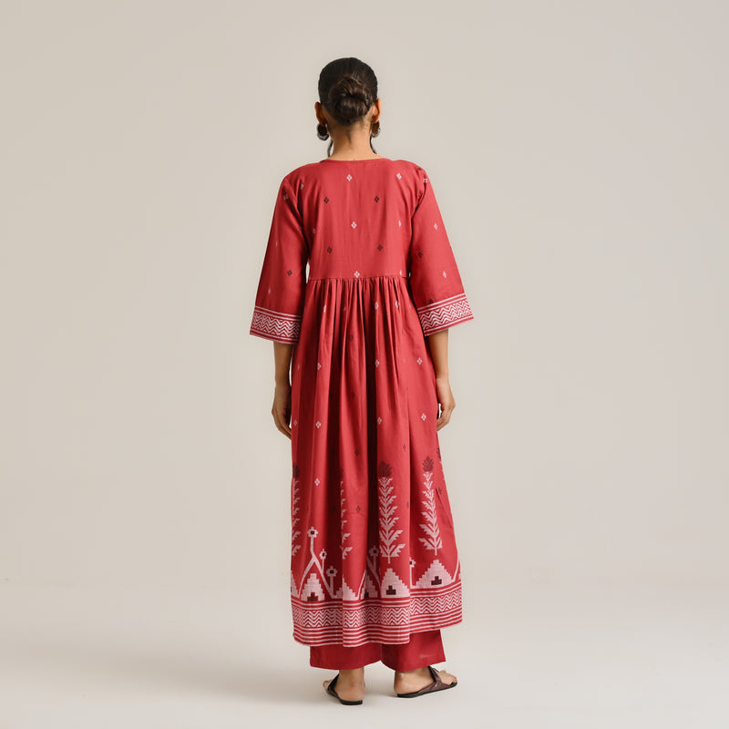 Maroon Linen Cotton Jamdani Printed Kurta with Embroidery