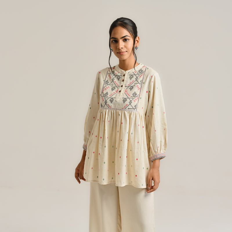 Off White Linen Cotton Jamdani Printed Tunic