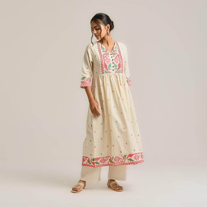 Off White Linen Cotton Jamdani Inspired Kurta Set