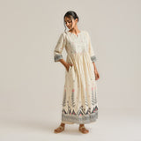 Off White Linen Cotton Jamdani Printed Kurta with Embroidery