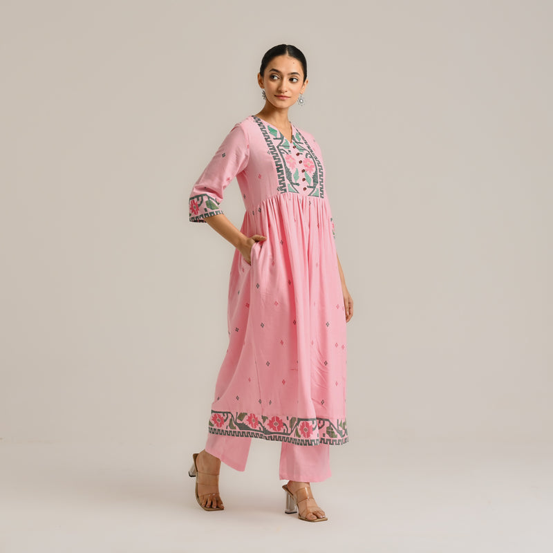 Pink Linen Cotton Jamdani Inspired Kurta Set