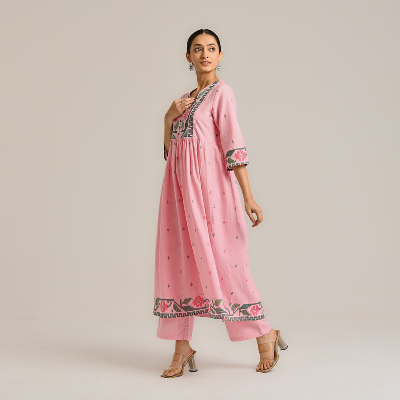 Pink Linen Cotton Jamdani Inspired Kurta Set