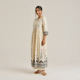 Off White Linen Cotton Jamdani Printed Kurta with Embroidery