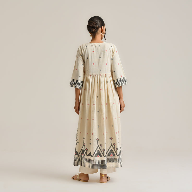 Off White Linen Cotton Jamdani Printed Kurta with Embroidery
