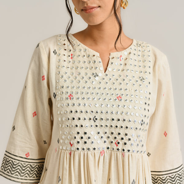 Off White Linen Cotton Jamdani Printed Kurta with Embroidery