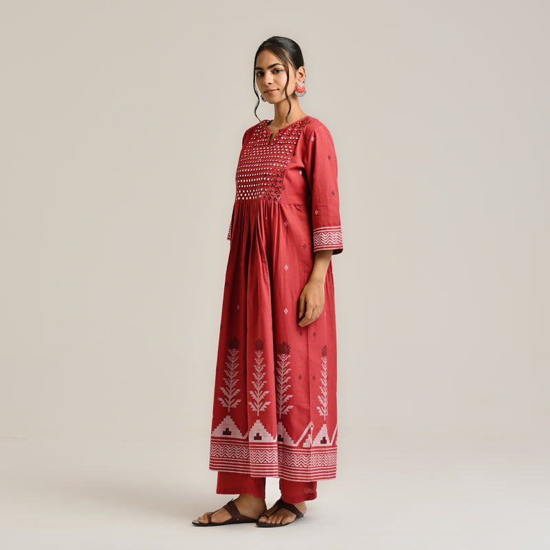 Maroon Linen Cotton Jamdani Printed Kurta with Embroidery