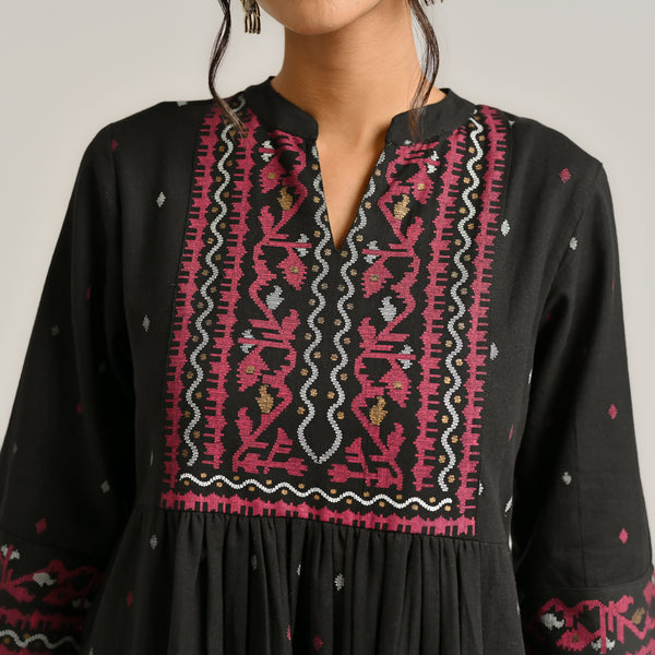 Black Linen Cotton Jamdani Printed Kurta Set with Side Slit
