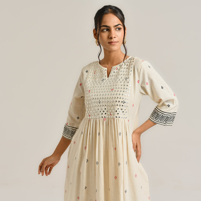 Off White Linen Cotton Jamdani Printed Kurta with Embroidery