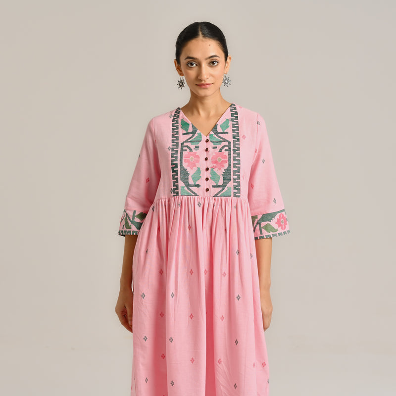 Pink Linen Cotton Jamdani Inspired Kurta Set
