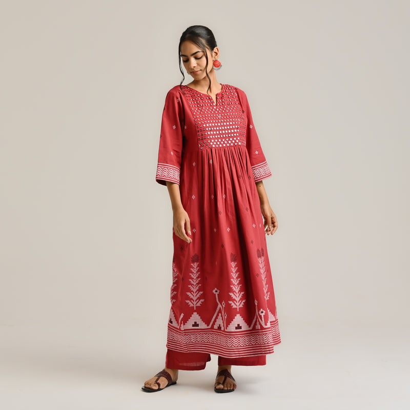 Maroon Linen Cotton Jamdani Printed Kurta with Embroidery