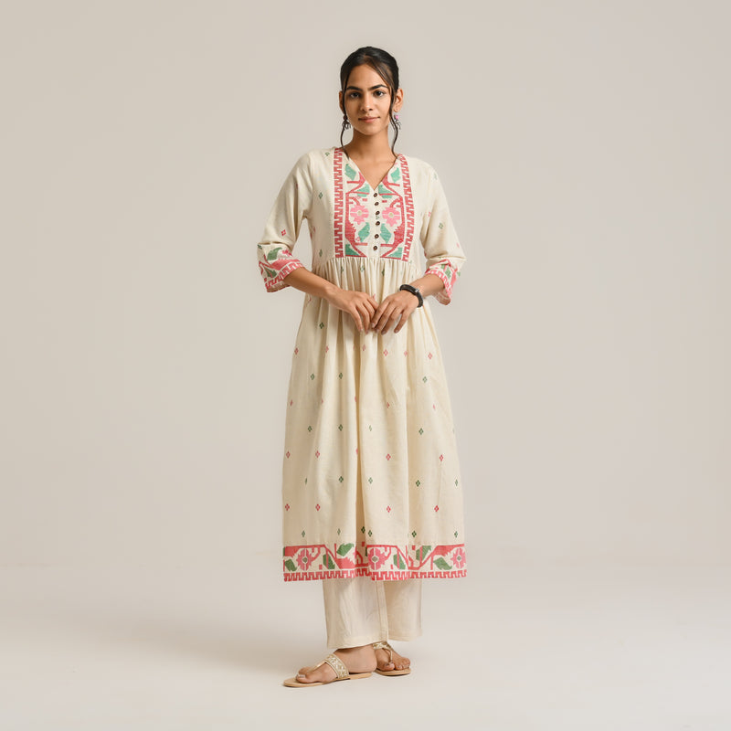 Off White Linen Cotton Jamdani Inspired Kurta Set